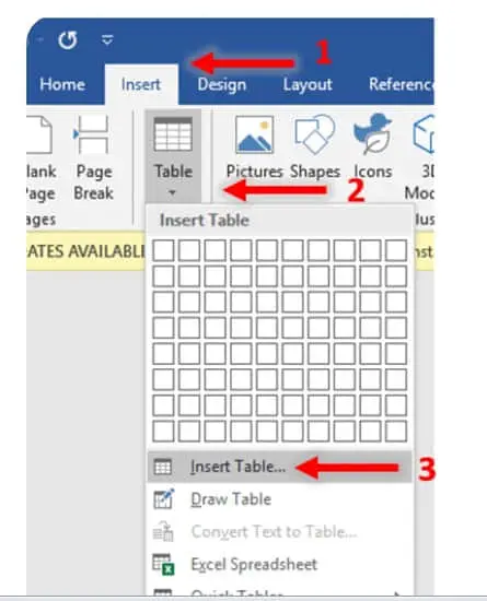 Melalui kotak dialog Insert Table