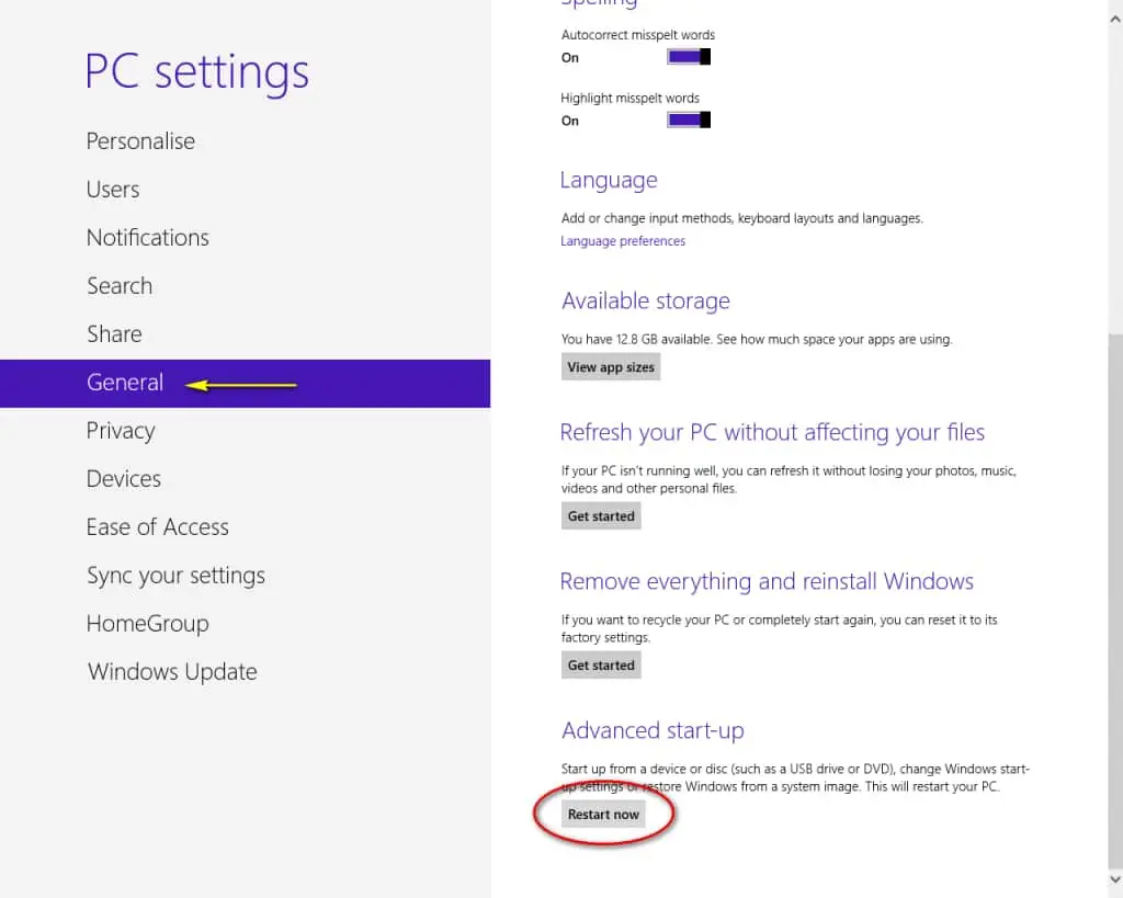 windows 8 pc setting